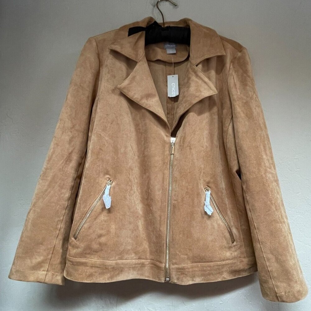 New Chico's Women's Full Zip Leather Suede Moto Jacket Size 2P Brown Pockets